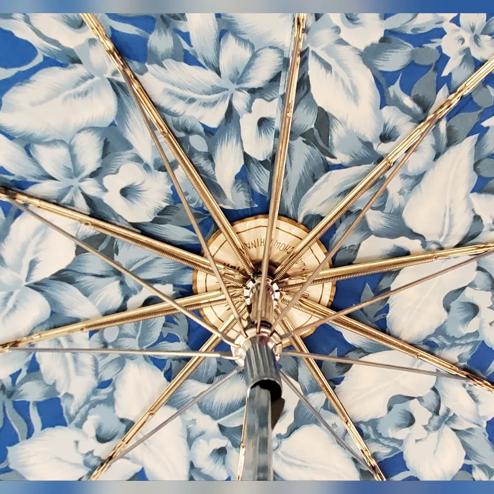 Vintage Floral Sun/Rain Umbrella, Bi-Fold, Made In Kwangchow, Blue,White, Nylon - Picture 10 of 14